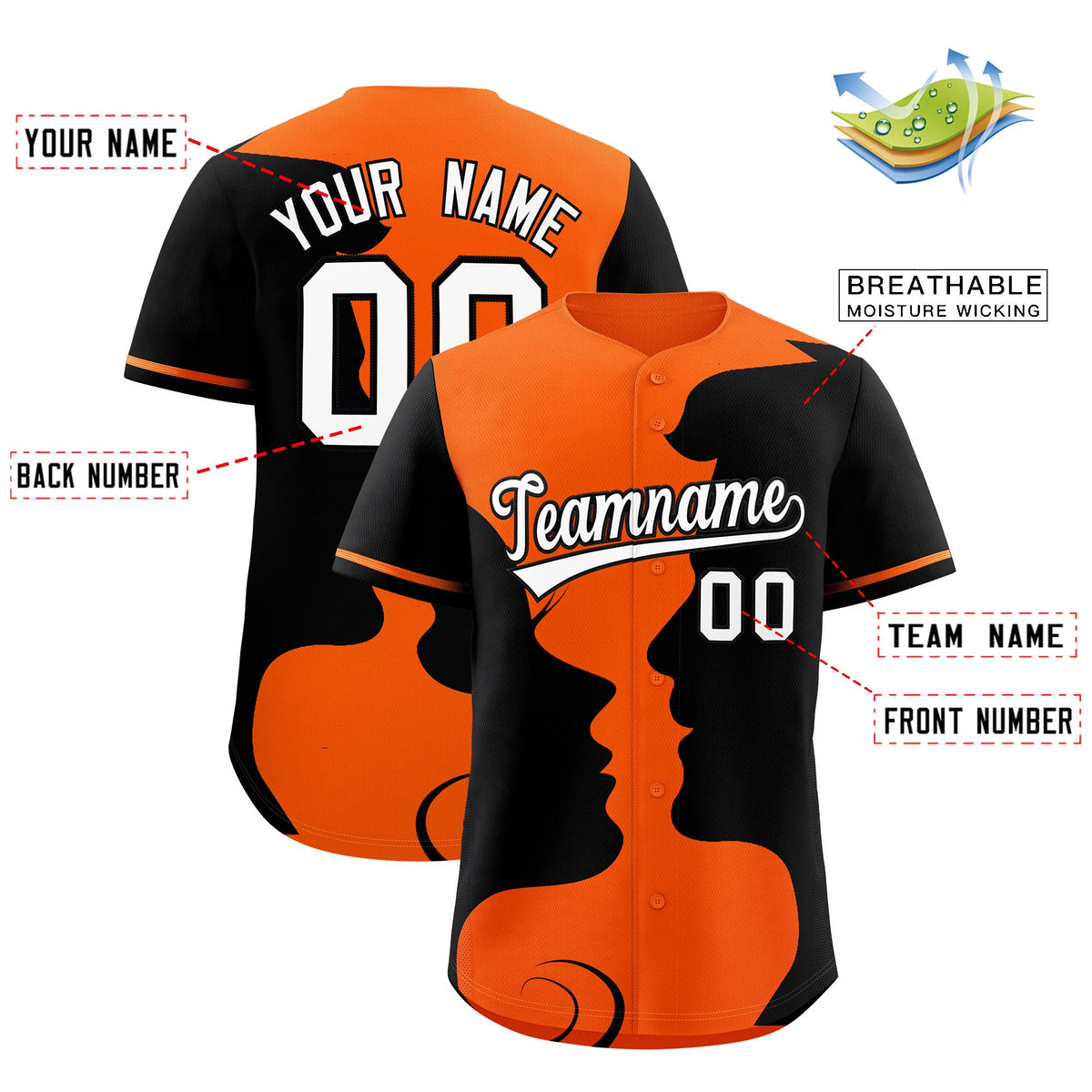 Custom Orange Black Silhouettes of Loving Couple Valentine's Day Baseball Jersey| KXKSHOP