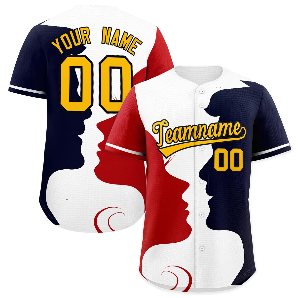 Custom White Red Navy Silhouettes of Loving Couple Valentine's Day Baseball Jersey| KXKSHOP