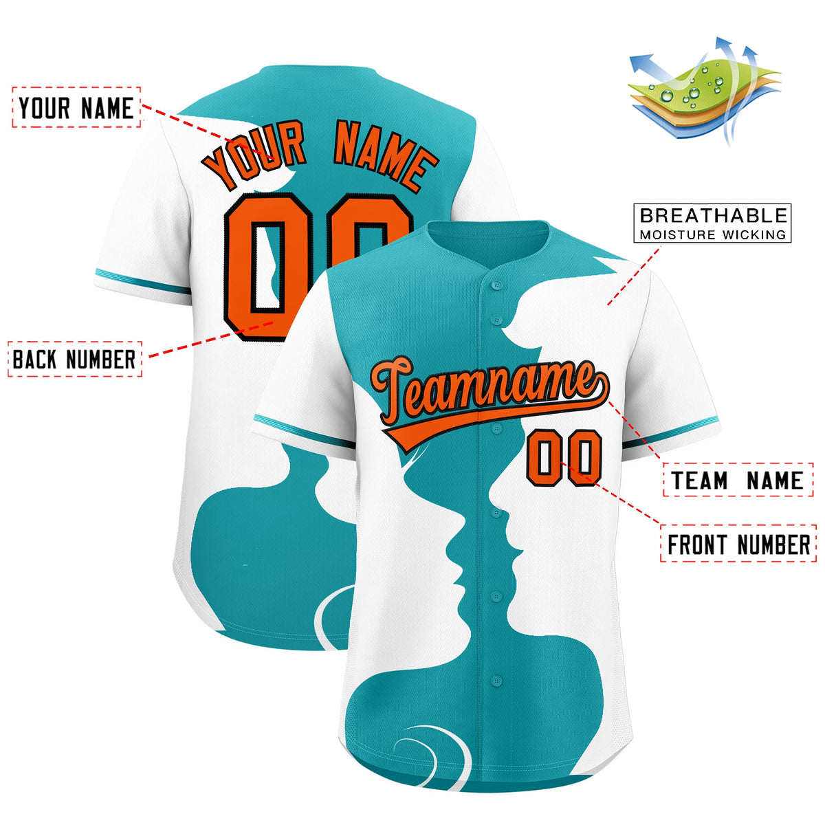 Custom Teal White Silhouettes of Loving Couple Valentine's Day Baseball Jersey| KXKSHOP