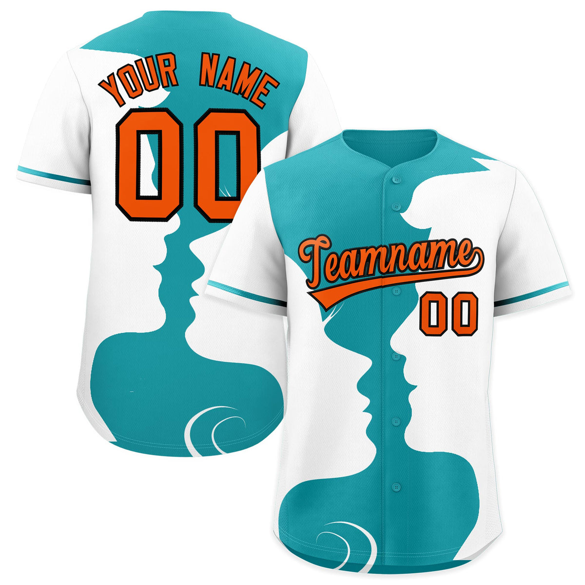 Custom Teal White Silhouettes of Loving Couple Valentine's Day Baseball Jersey| KXKSHOP