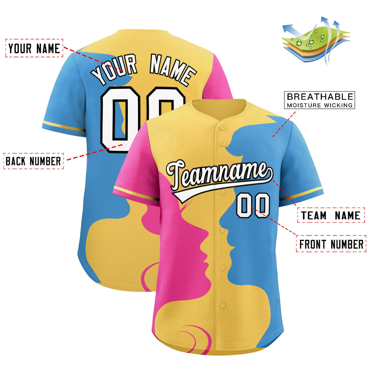 Custom Khaki Light Blue Pink Silhouettes of Loving Couple Valentine's Day Baseball Jersey| KXKSHOP