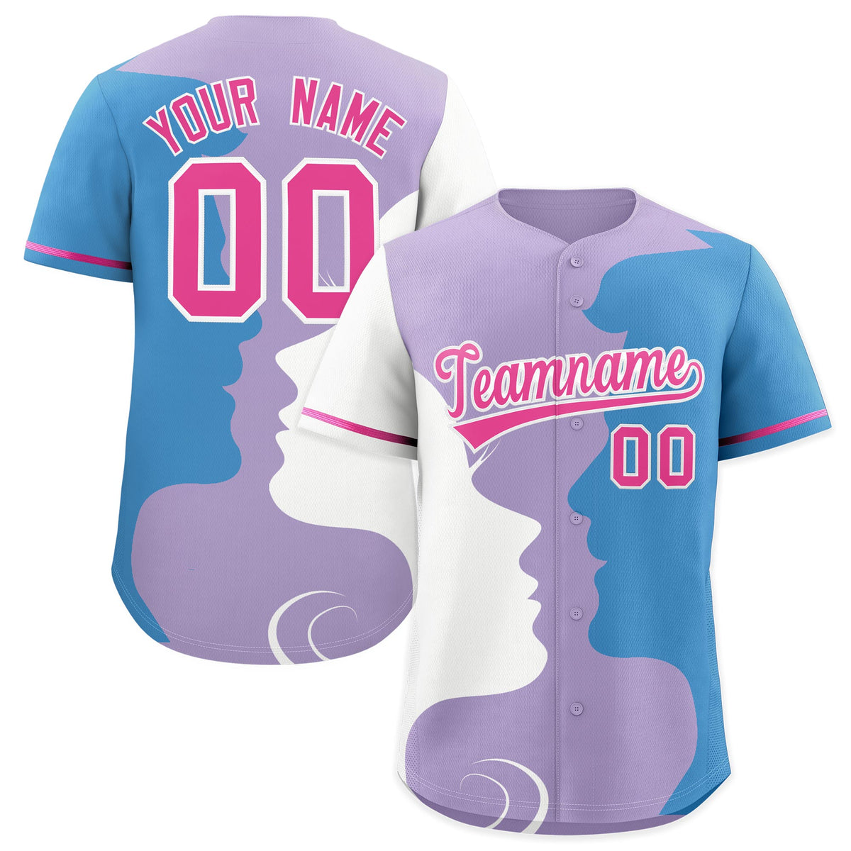 Custom Pink White Light Blue Silhouettes of Loving Couple Valentine's Day Baseball Jersey| KXKSHOP