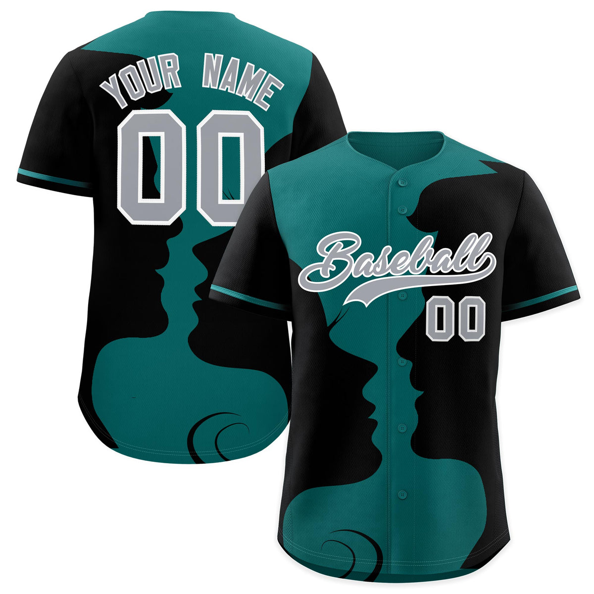 Custom Teal Black Silhouettes of Loving Couple Valentine's Day Baseball Jersey| KXKSHOP