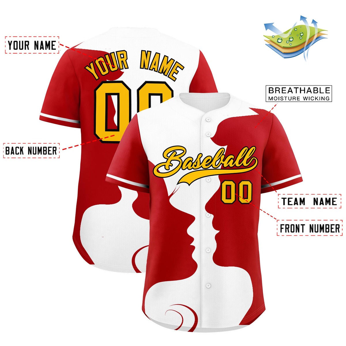 Custom White Red Silhouettes of Loving Couple Valentine's Day Baseball Jersey| KXKSHOP