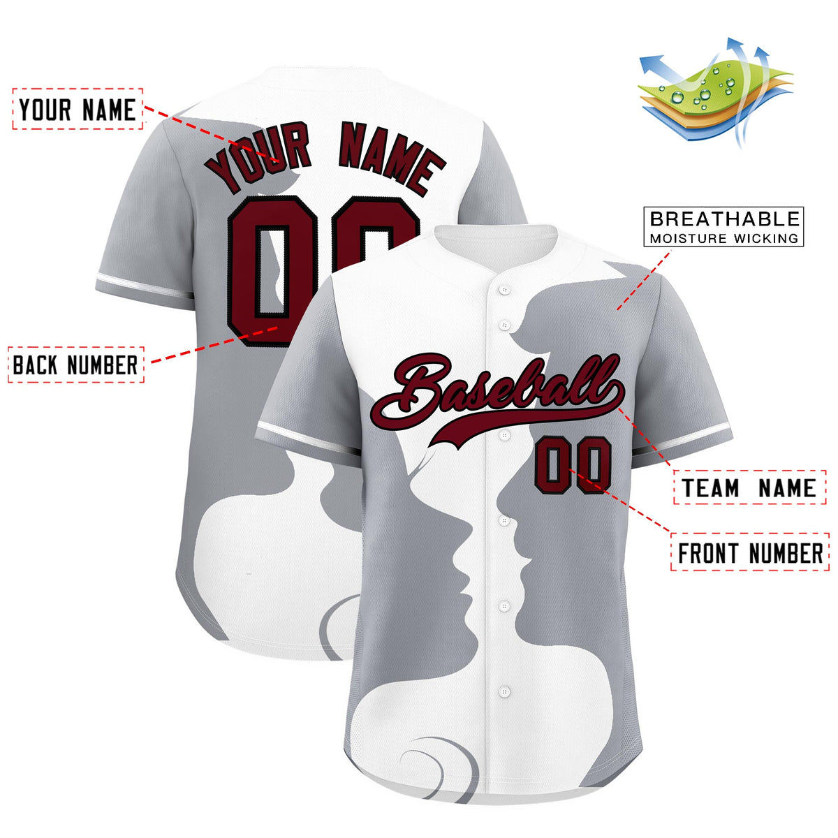 Custom Gray White Silhouettes of Loving Couple Valentine's Day Baseball Jersey| KXKSHOP