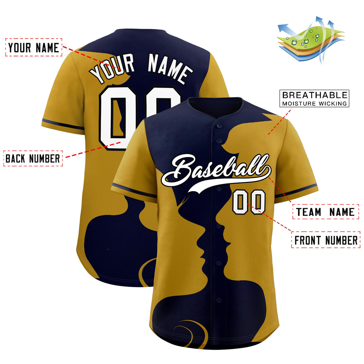 Custom Navy Old Gold Silhouettes of Loving Couple Valentine's Day Baseball Jersey| KXKSHOP
