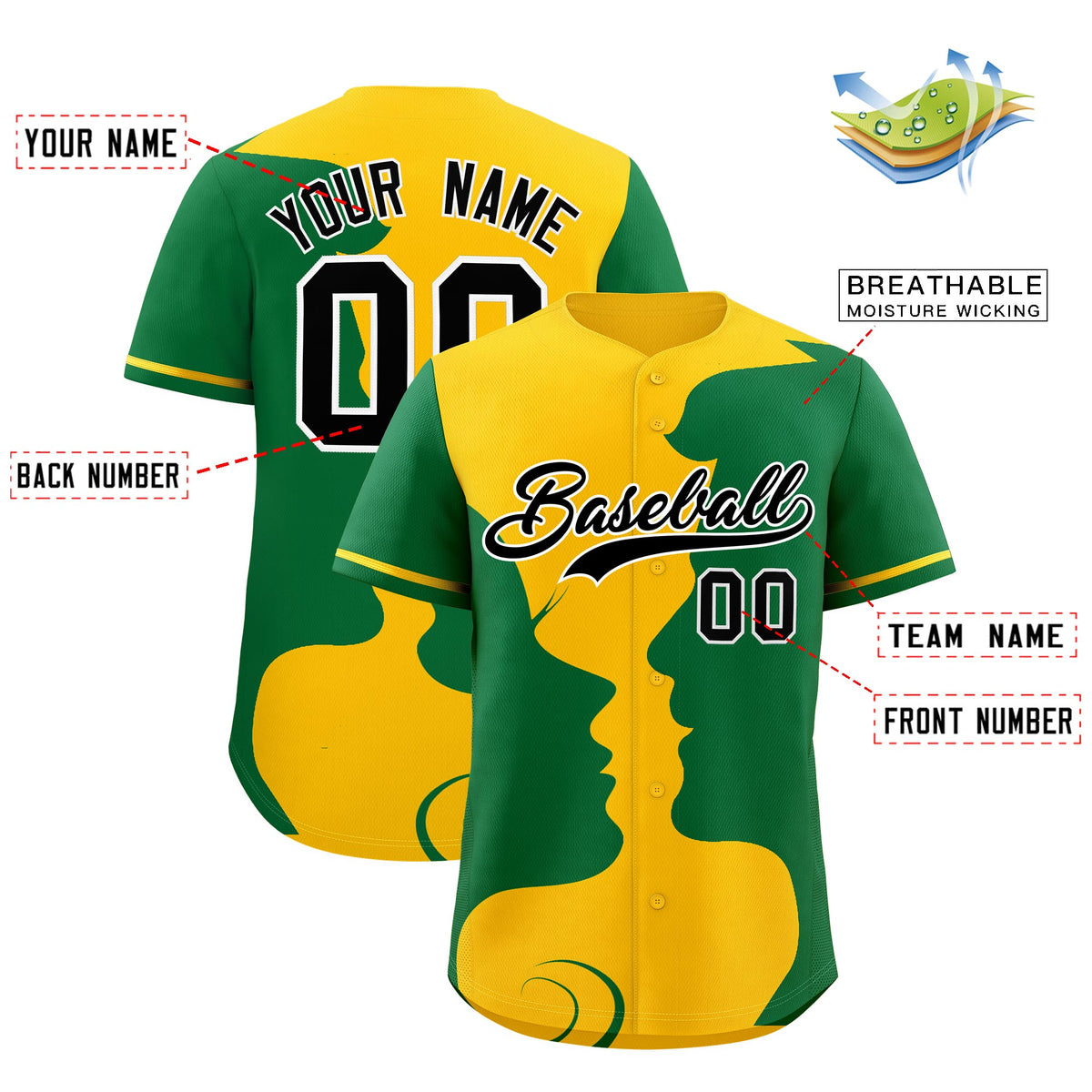 Custom Gold Kelly Green Silhouettes of Loving Couple Valentine's Day Baseball Jersey| KXKSHOP