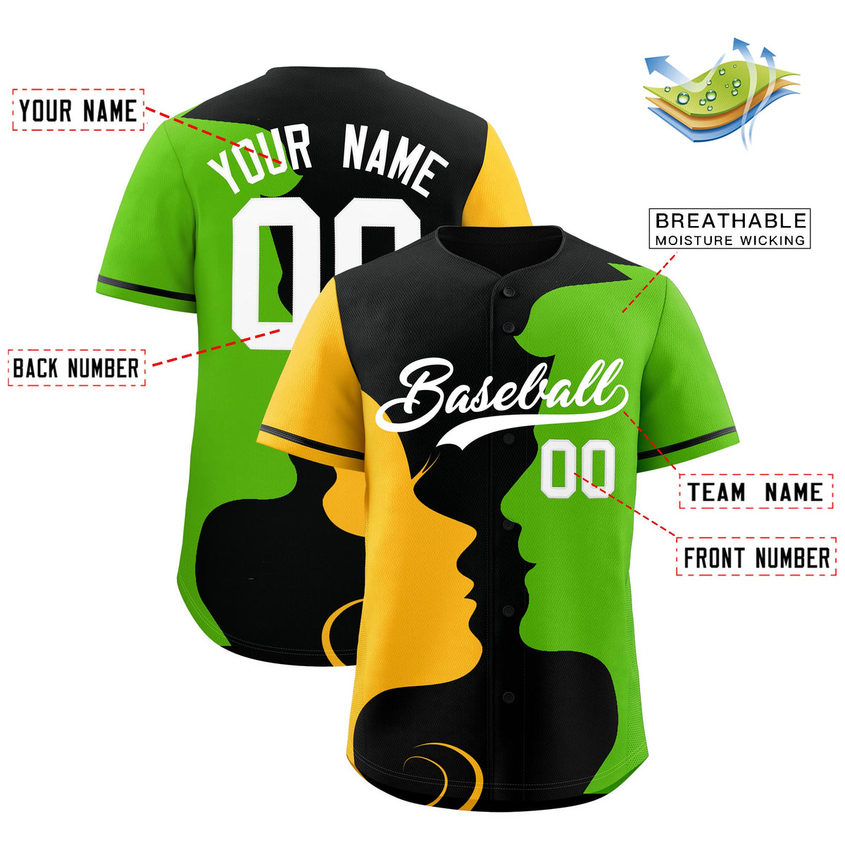 Custom Black Gold Neon Green Silhouettes of Loving Couple Valentine's Day Baseball Jersey| KXKSHOP