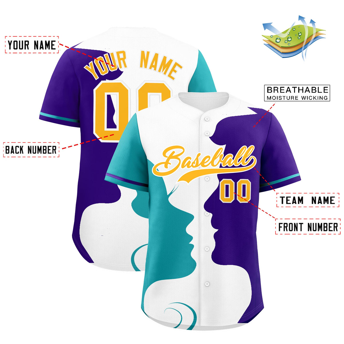 Custom Teal Purple White Silhouettes of Loving Couple Valentine's Day Baseball Jersey| KXKSHOP