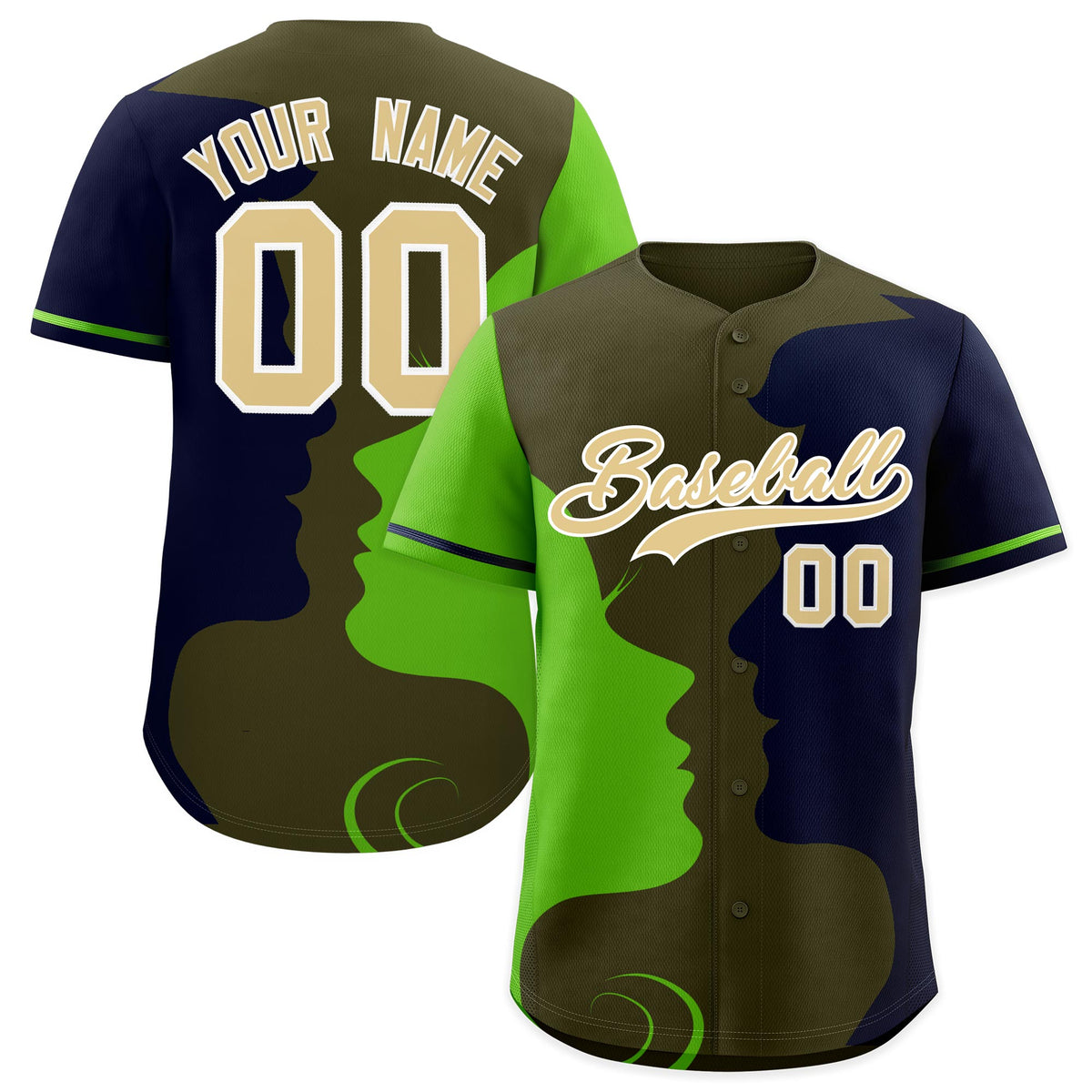Custom Green Navy Silhouettes of Loving Couple Valentine's Day Baseball Jersey| KXKSHOP