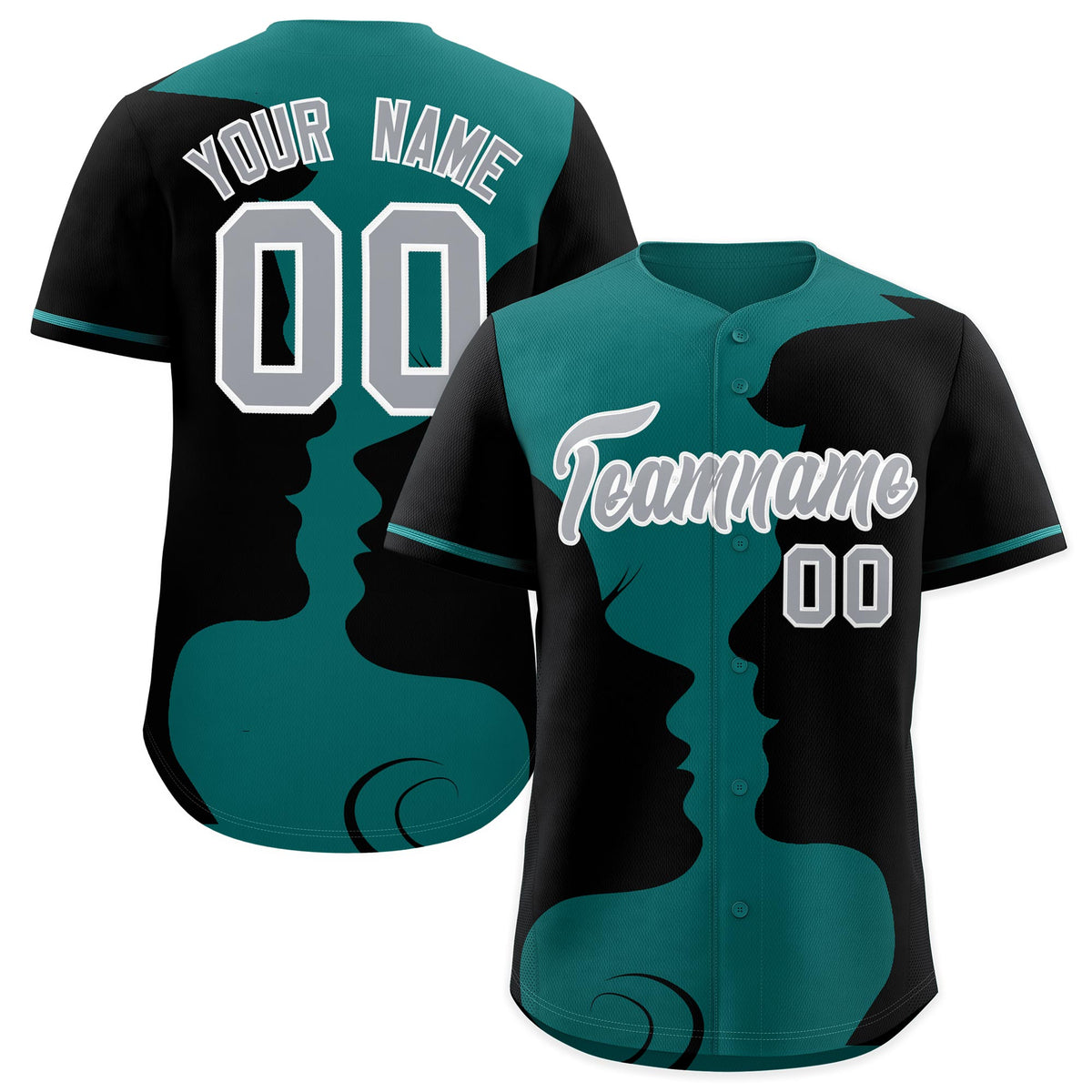 Custom Teal Black Silhouettes of Loving Couple Valentine's Day Baseball Jersey| KXKSHOP