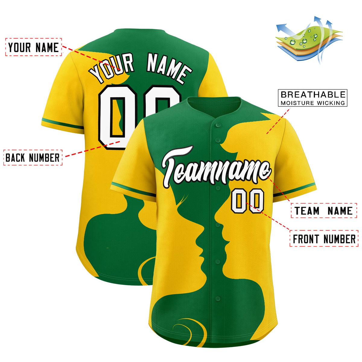 Custom Kelly Green Gold Silhouettes of Loving Couple Valentine's Day Baseball Jersey| KXKSHOP