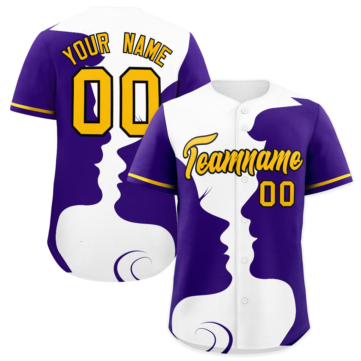 Custom Gold Purple White Silhouettes of Loving Couple Valentine's Day Baseball Jersey| KXKSHOP