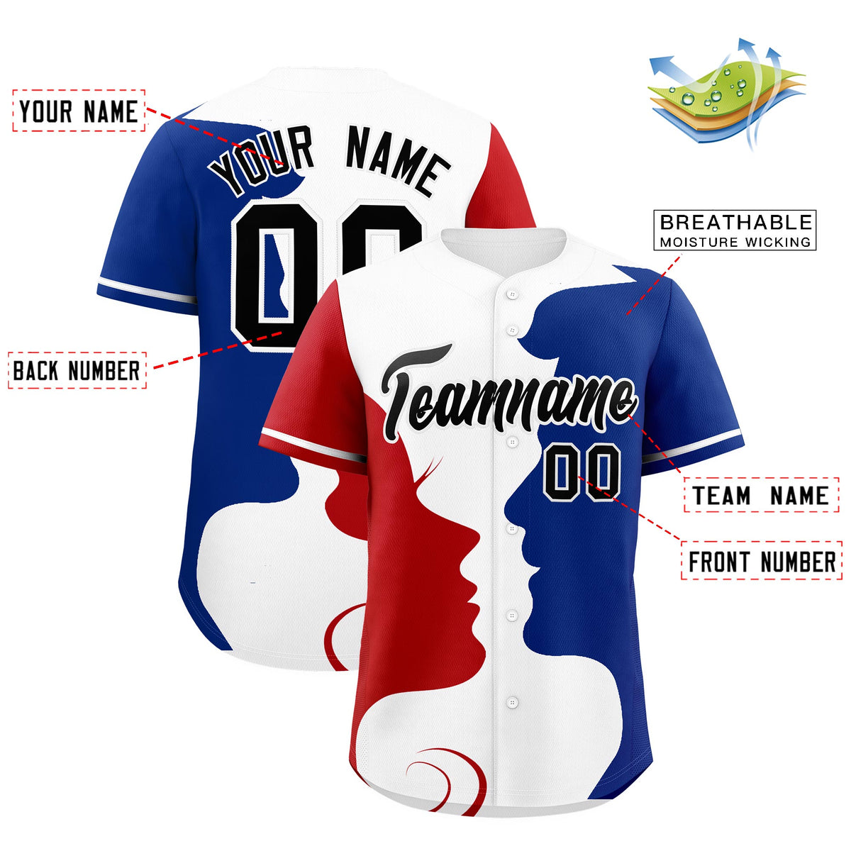 Custom White Red Royal Silhouettes of Loving Couple Valentine's Day Baseball Jersey| KXKSHOP