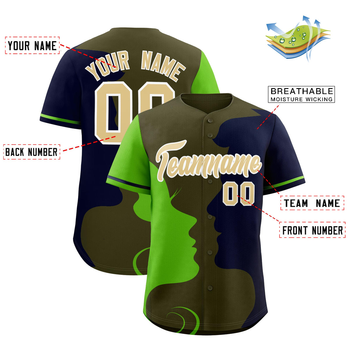 Custom Green Navy Silhouettes of Loving Couple Valentine's Day Baseball Jersey| KXKSHOP