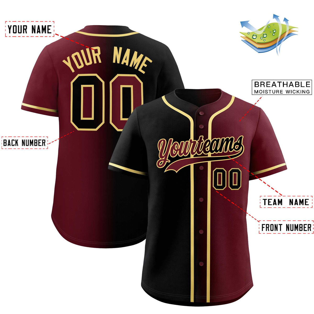 Custom Black Maroon Two Tone Gradient Fashion Authentic Baseball Jersey