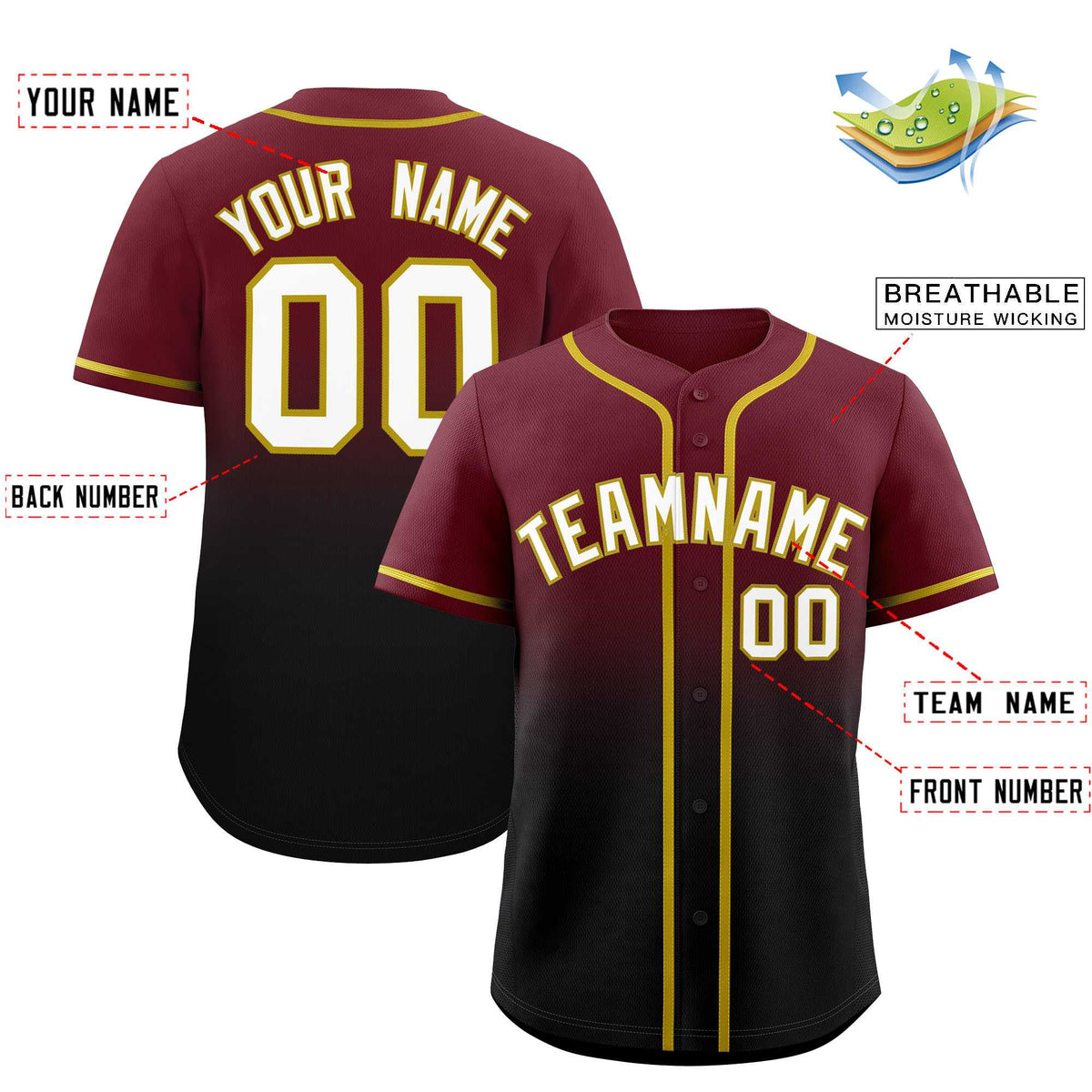Custom Maroon Black Gradient Fashion Authentic Baseball Jersey