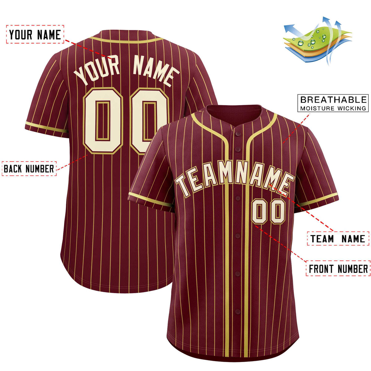 Custom Maroon Old Gold Stripe Fashion Authentic Baseball Jersey