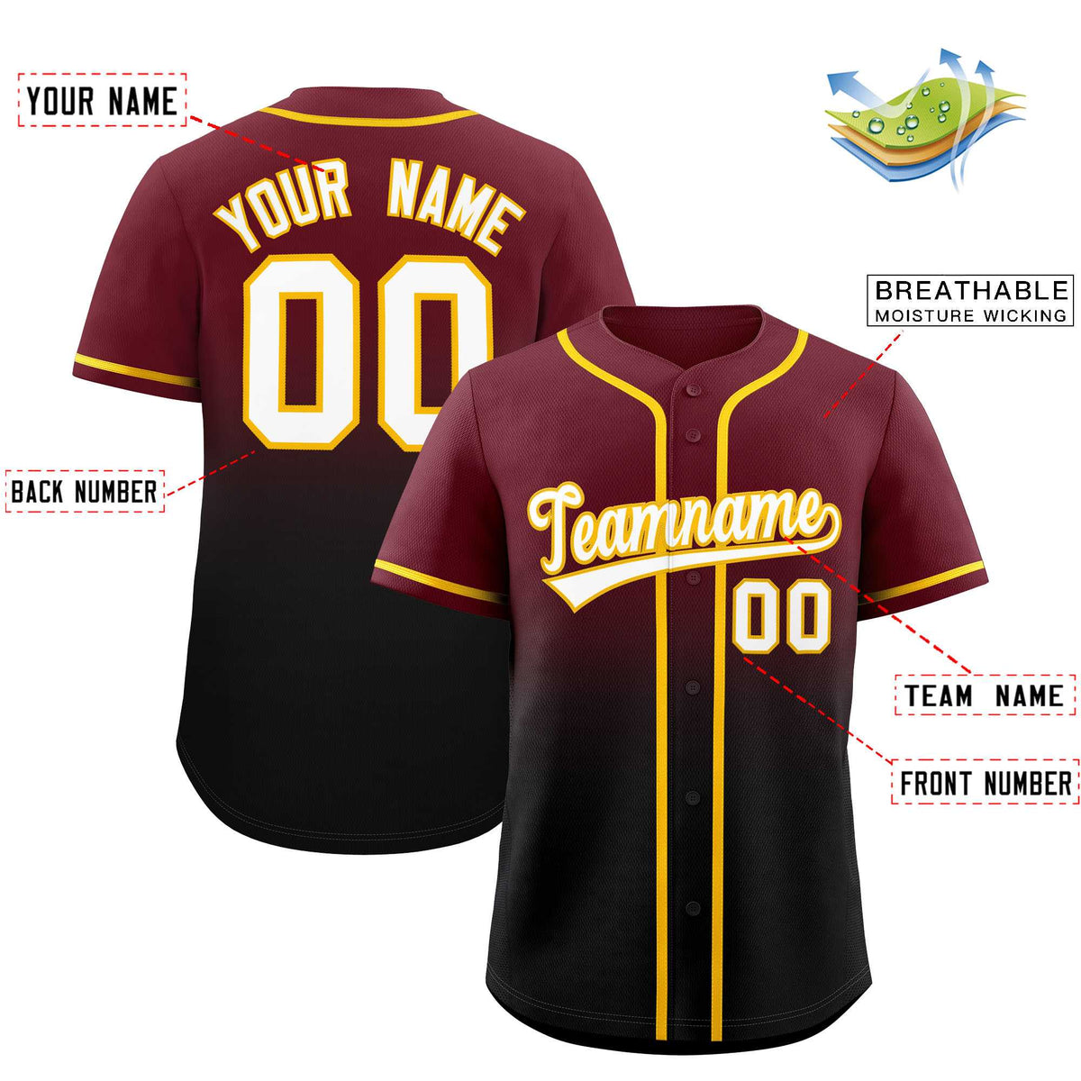 Custom Maroon Black Gradient Fashion Authentic Baseball Jersey