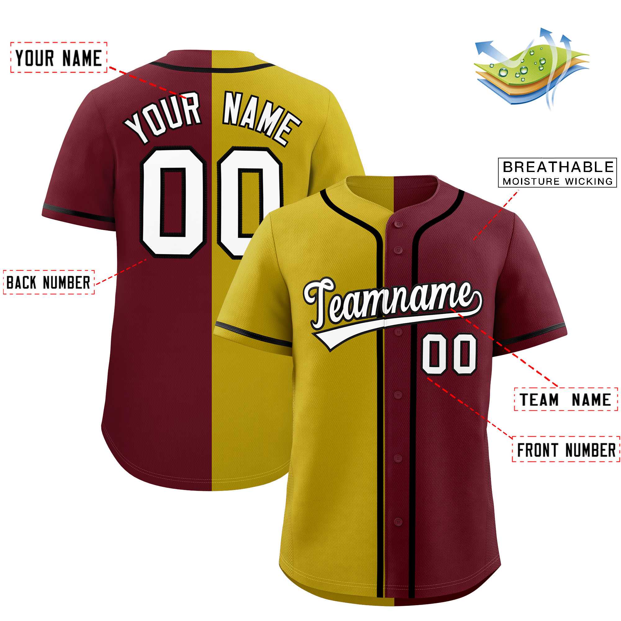 Custom Old Gold Maroon Split Fashion Authentic Baseball Jersey