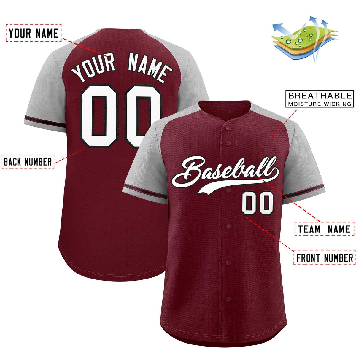 Custom Maroon Gray Raglan Sleeves Authentic Baseball Jersey