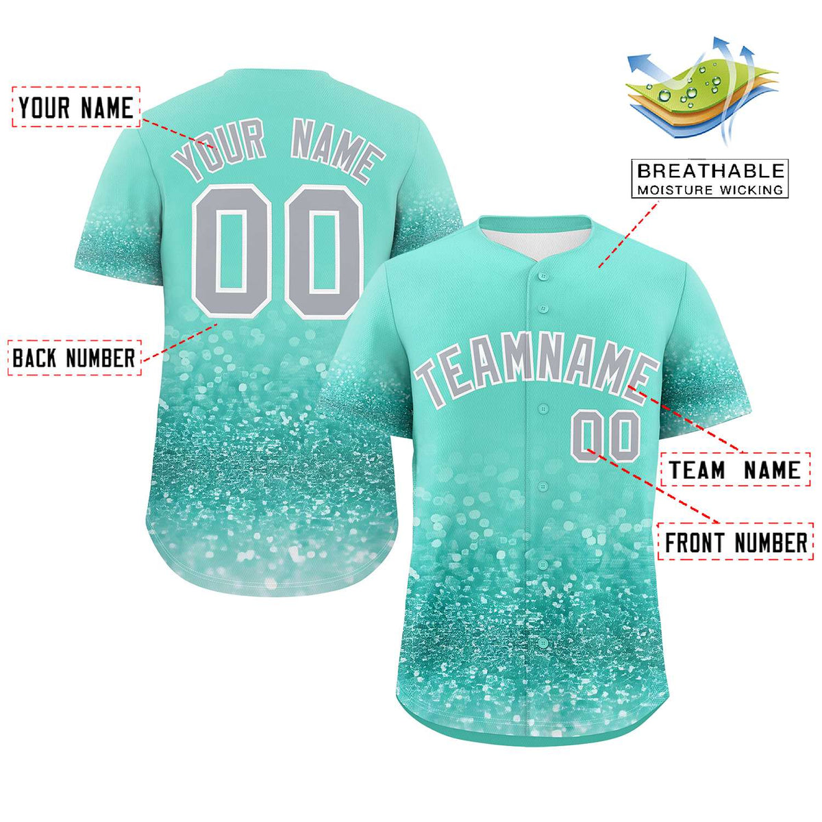 Custom Aqua Gray Sparkle-Effect Pattern Gradient Fashion Authentic Baseball Jersey