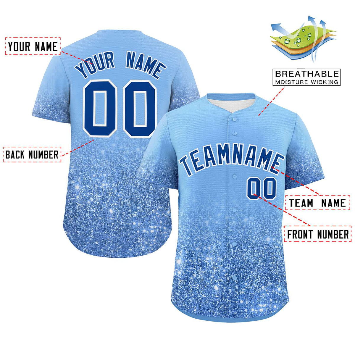 Custom Light Blue Royal Sparkle-Effect Pattern Gradient Fashion Authentic Baseball Jersey