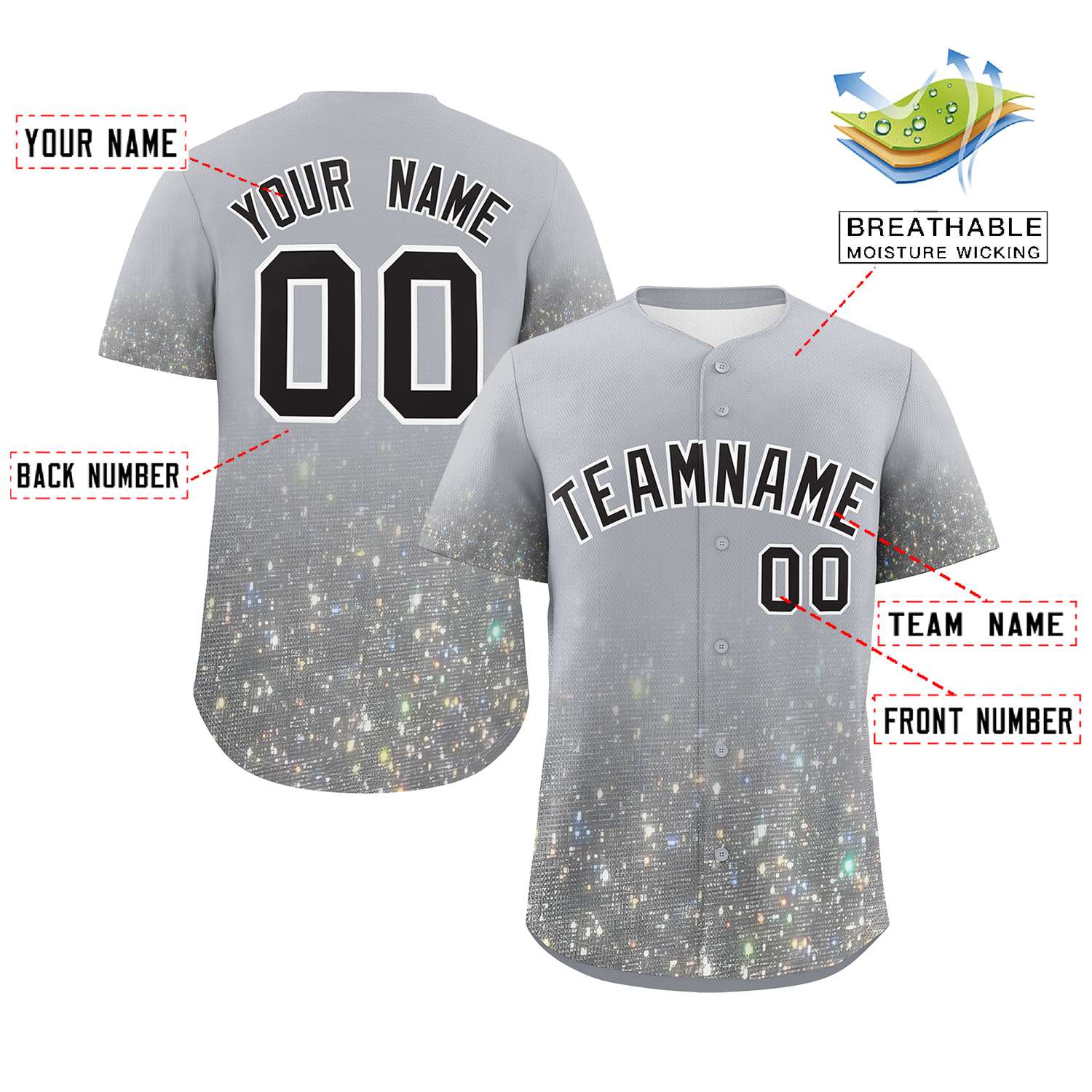 Custom Gray Black Sparkle-Effect Pattern Gradient Fashion Authentic Baseball Jersey