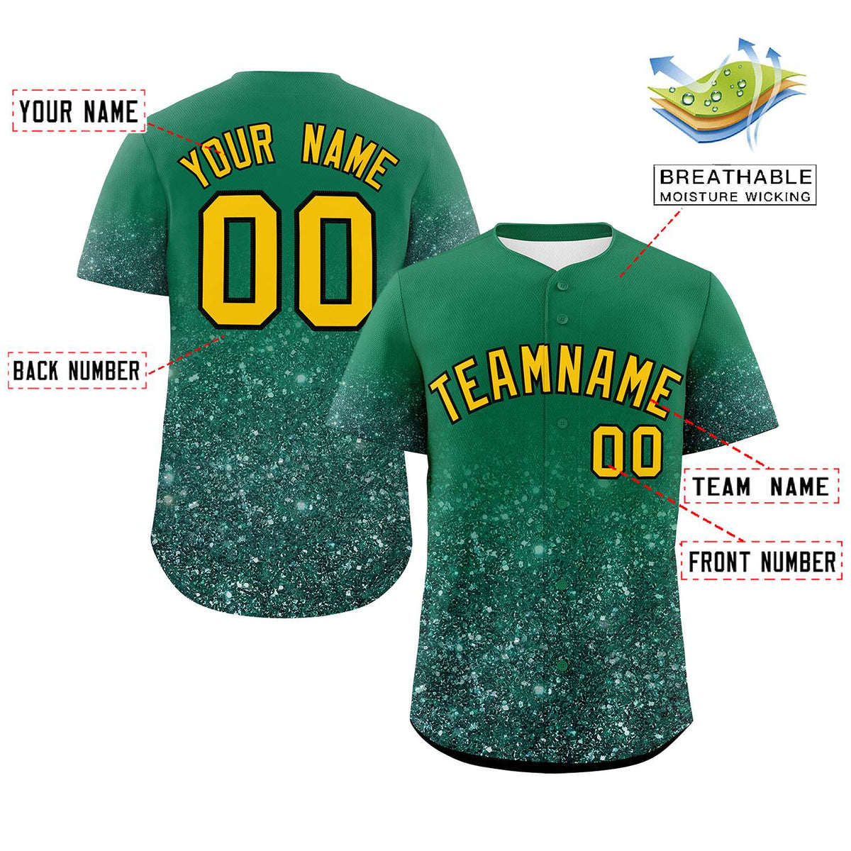 Custom Teal Gold Sparkle-Effect Pattern Gradient Fashion Authentic Baseball Jersey