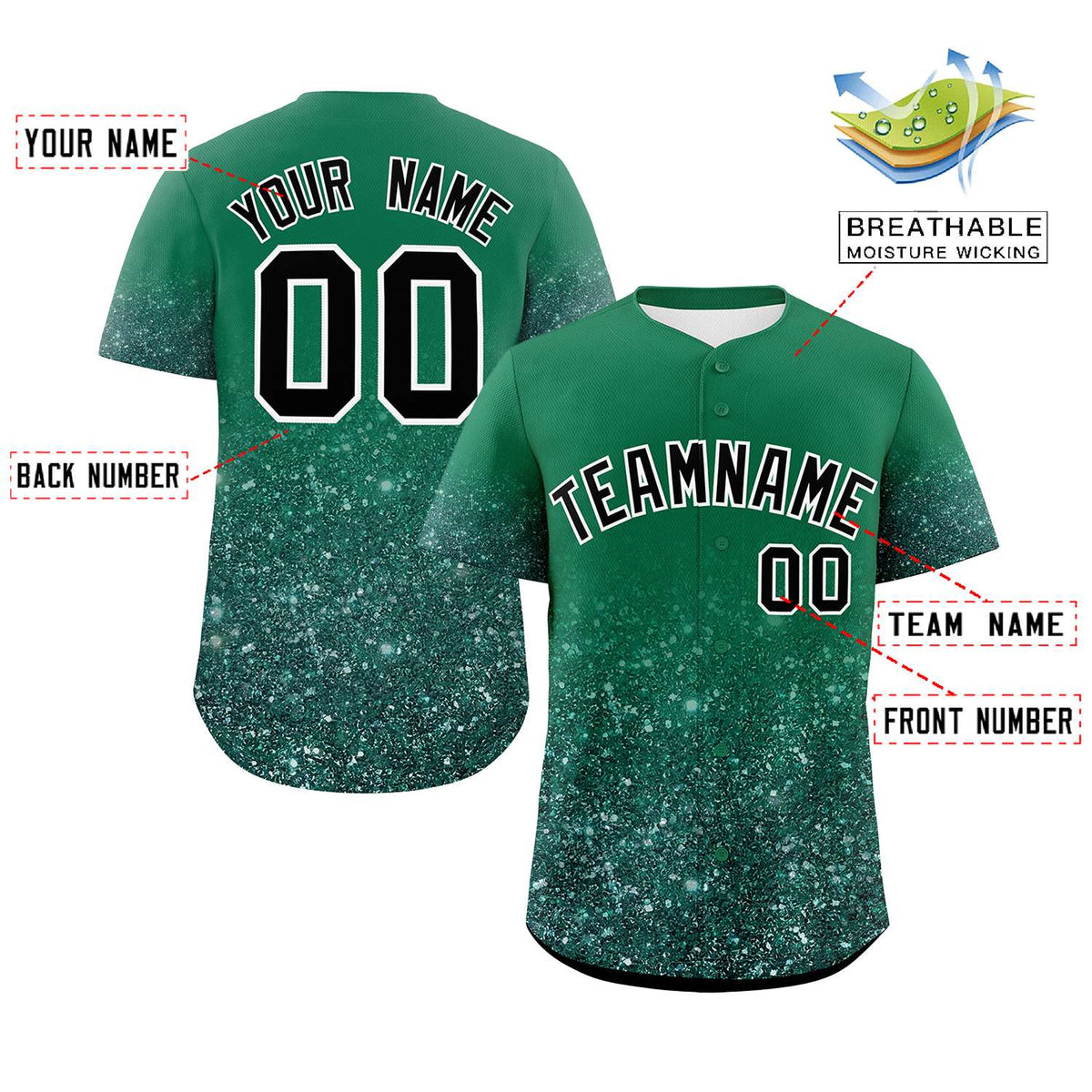 Custom Kelly Green Black Sparkle-Effect Pattern Gradient Fashion Authentic Baseball Jersey