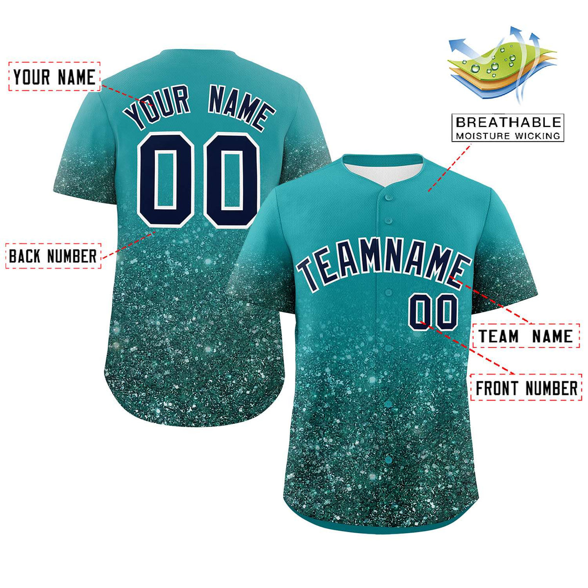 Custom Aqua Black Sparkle-Effect Pattern Gradient Fashion Authentic Baseball Jersey