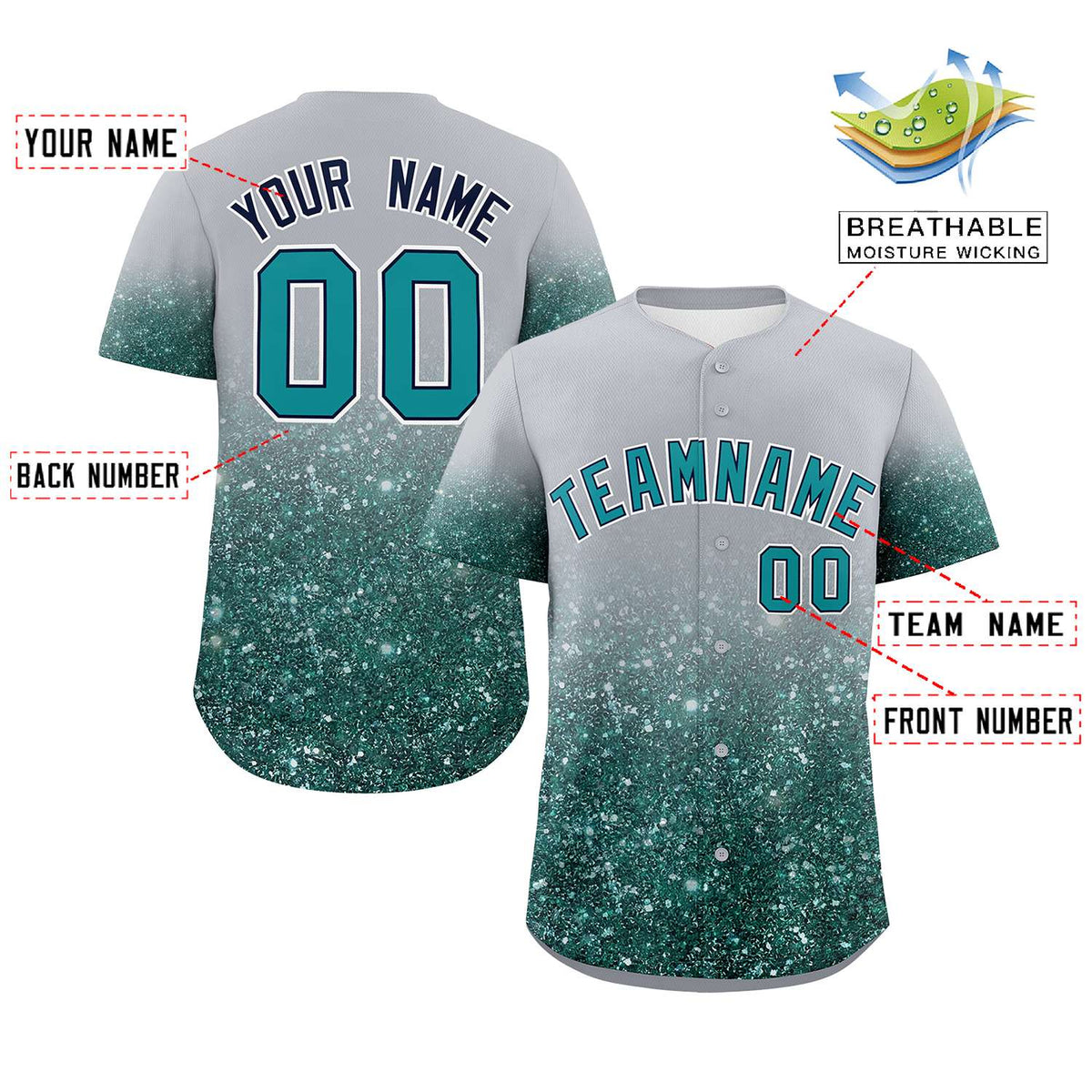 Custom Gray Aqua Sparkle-Effect Pattern Gradient Fashion Authentic Baseball Jersey