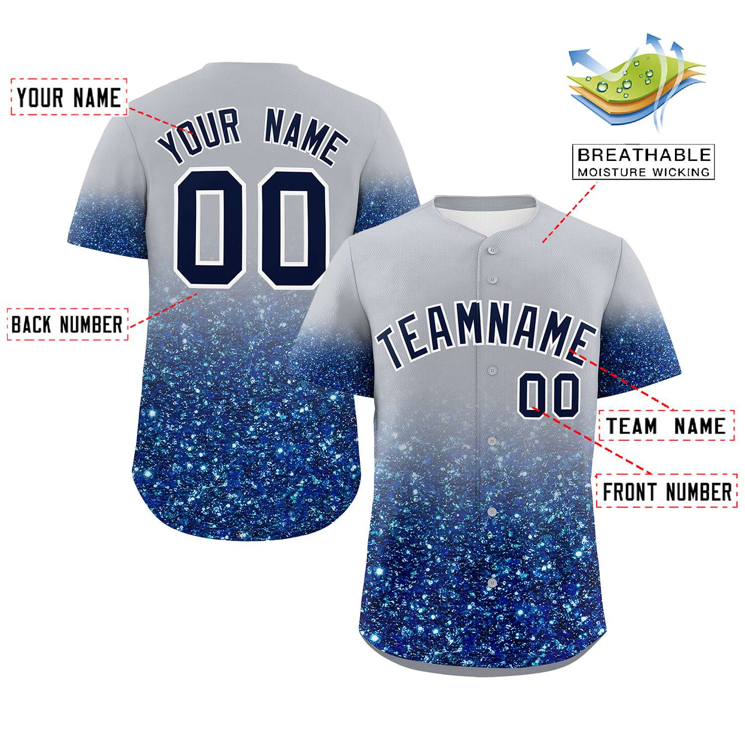 Custom Gray Navy Sparkle-Effect Pattern Gradient Fashion Authentic Baseball Jersey