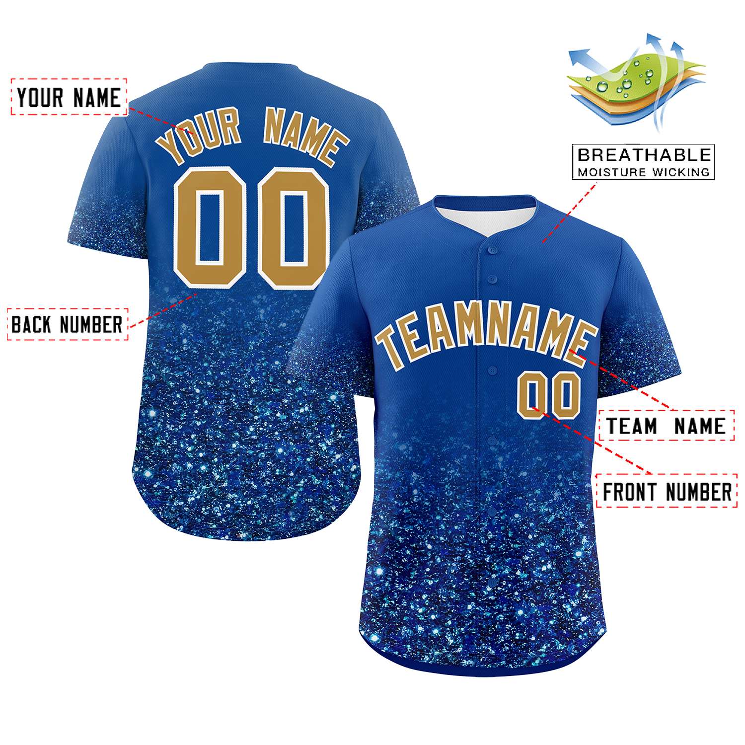 Custom Royal Old Gold Sparkle-Effect Pattern Gradient Fashion Authentic Baseball Jersey