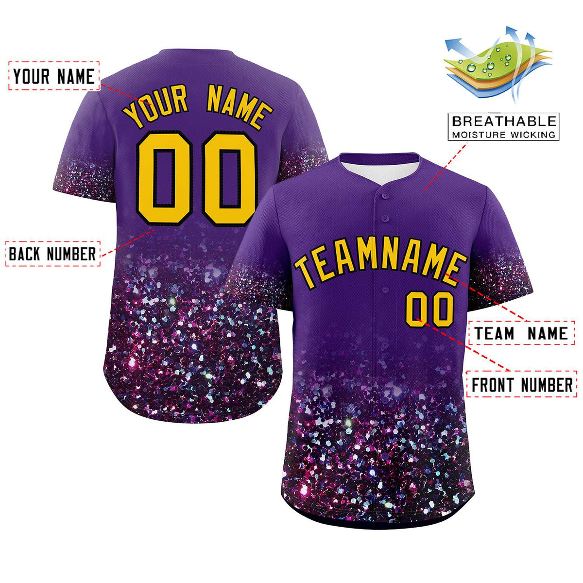Custom Purple Gold Sparkle-Effect Pattern Gradient Fashion Authentic Baseball Jersey