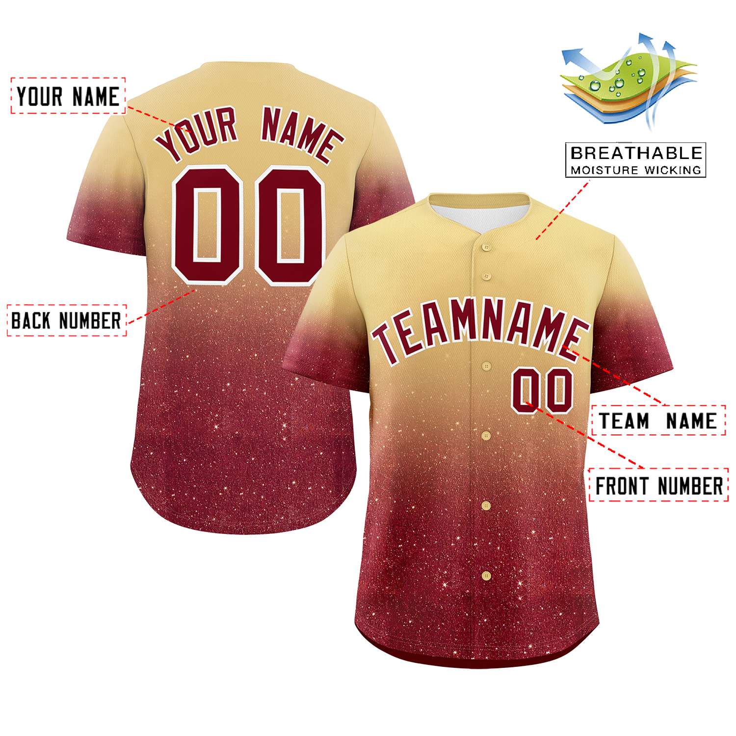 Custom Khaki Crimson Sparkle-Effect Pattern Gradient Fashion Authentic Baseball Jersey