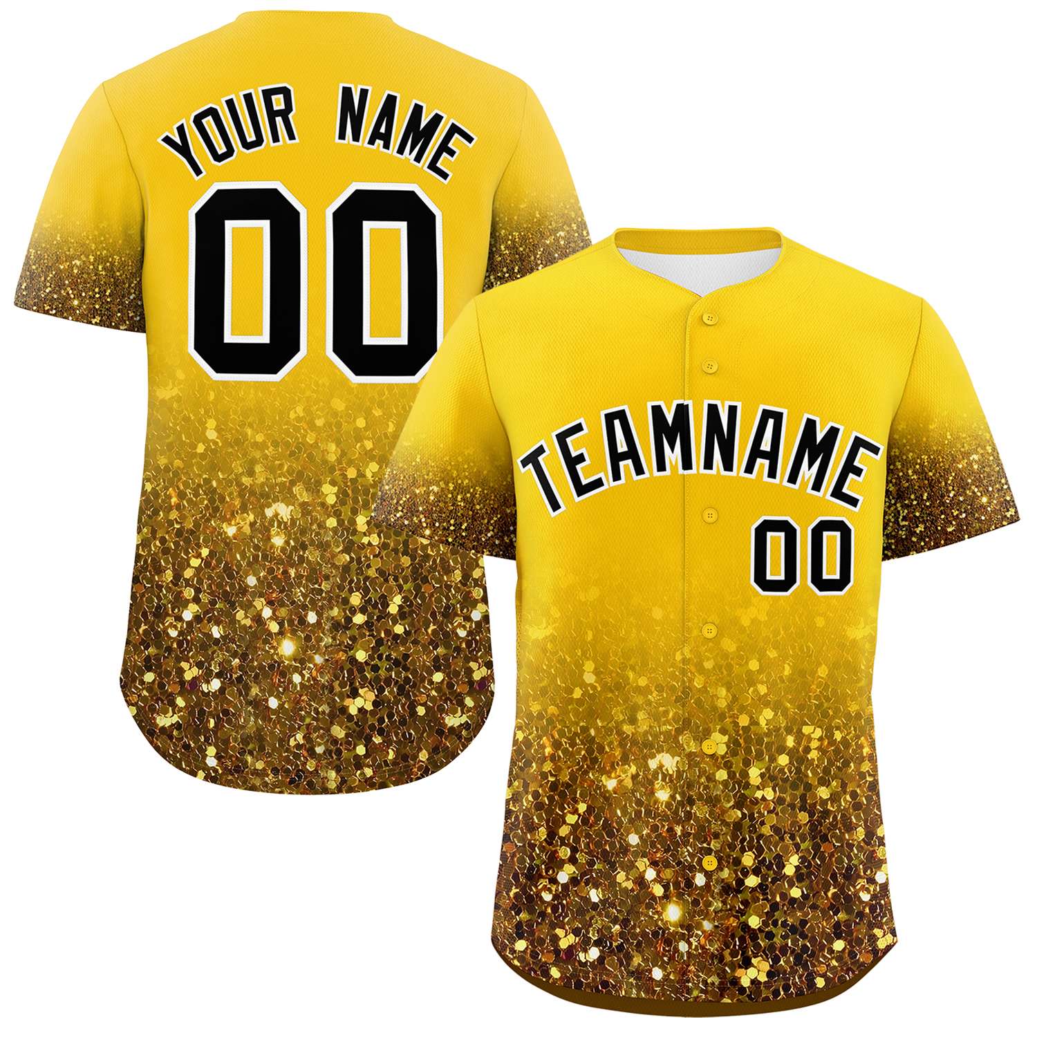 Custom Gold Black Sparkle-Effect Pattern Gradient Fashion Authentic Baseball Jersey