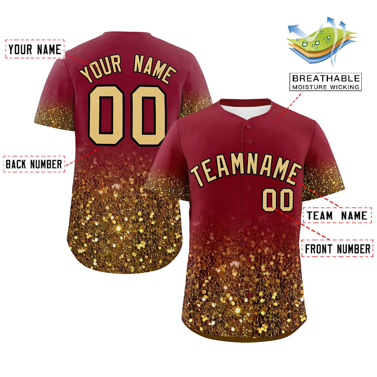 Custom Crimson Old Gold Sparkle-Effect Pattern Gradient Fashion Authentic Baseball Jersey