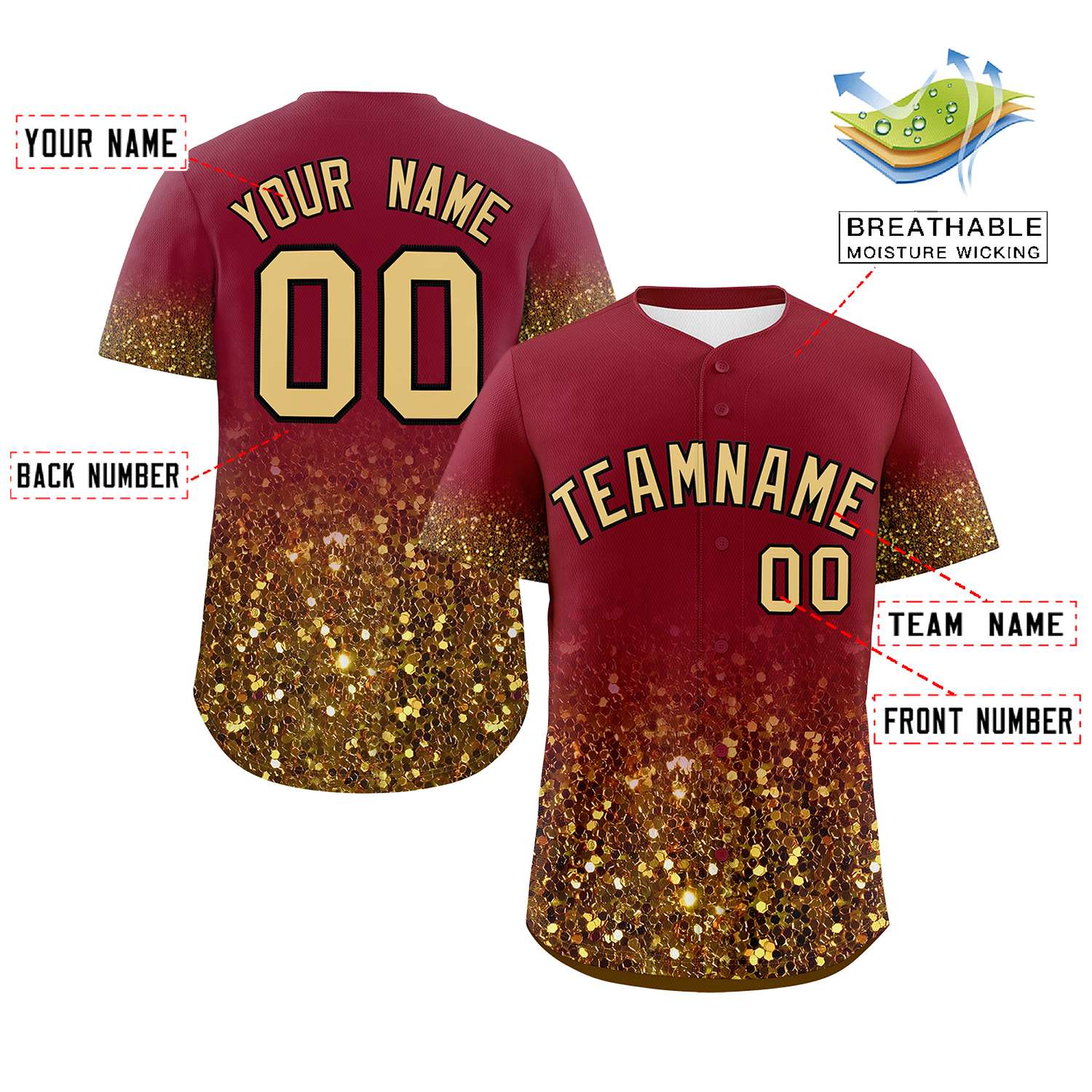 Custom Crimson Old Gold Sparkle-Effect Pattern Gradient Fashion Authentic Baseball Jersey