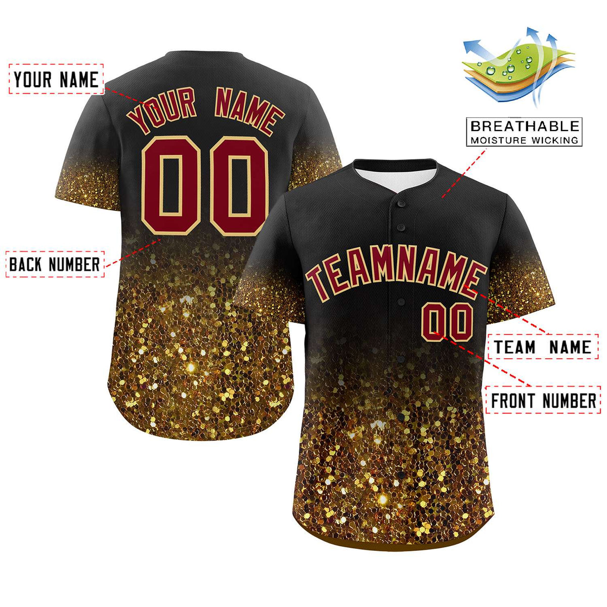 Custom Black Crimson Sparkle-Effect Pattern Gradient Fashion Authentic Baseball Jersey