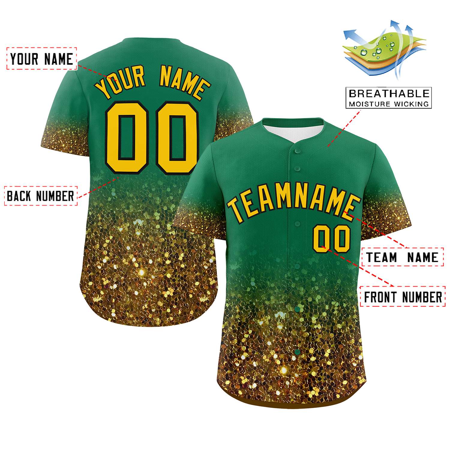 Custom Kelly Green Gold Sparkle-Effect Pattern Gradient Fashion Authentic Baseball Jersey