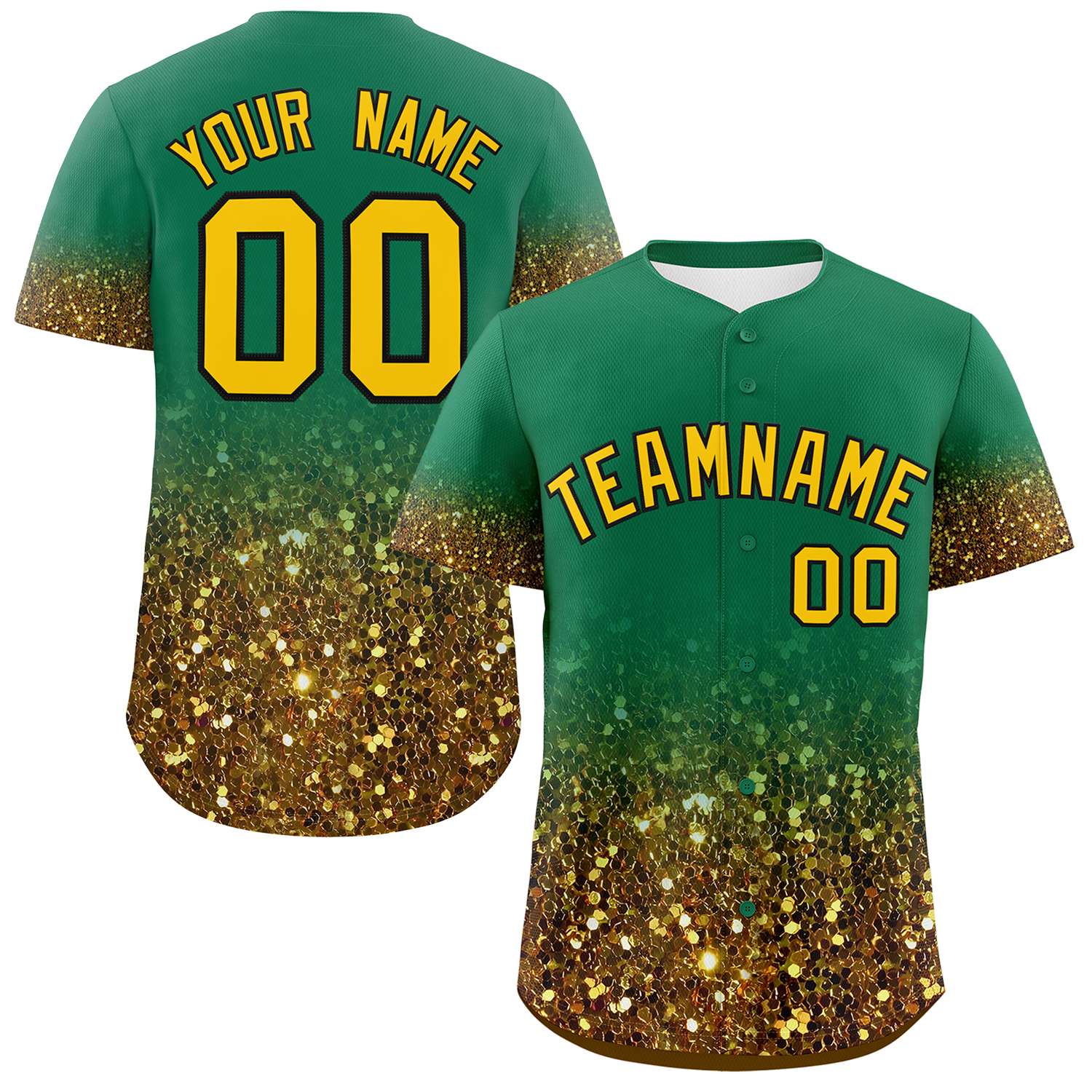 Custom Kelly Green Gold Sparkle-Effect Pattern Gradient Fashion Authentic Baseball Jersey
