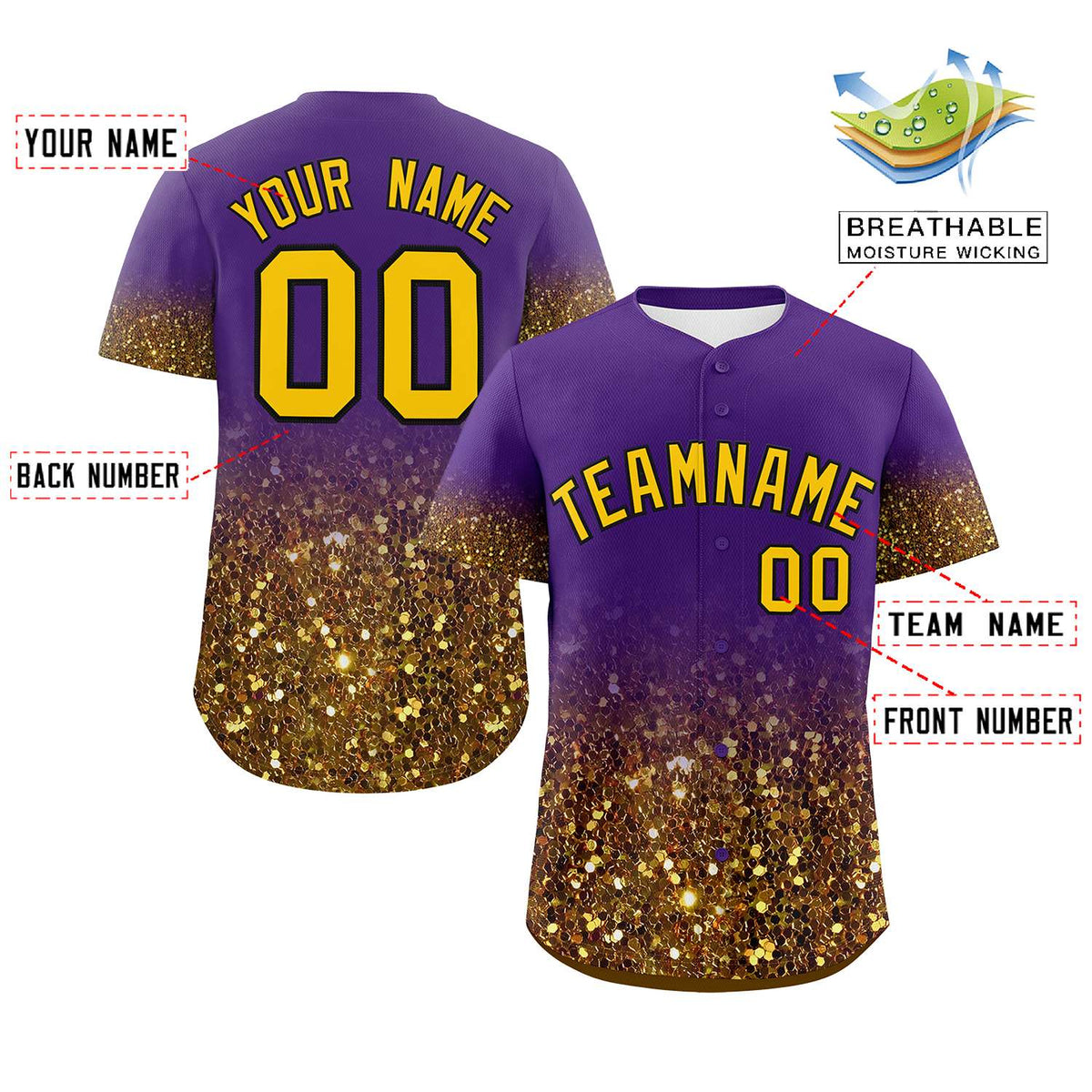 Custom Purple Gold Sparkle-Effect Pattern Gradient Fashion Authentic Baseball Jersey