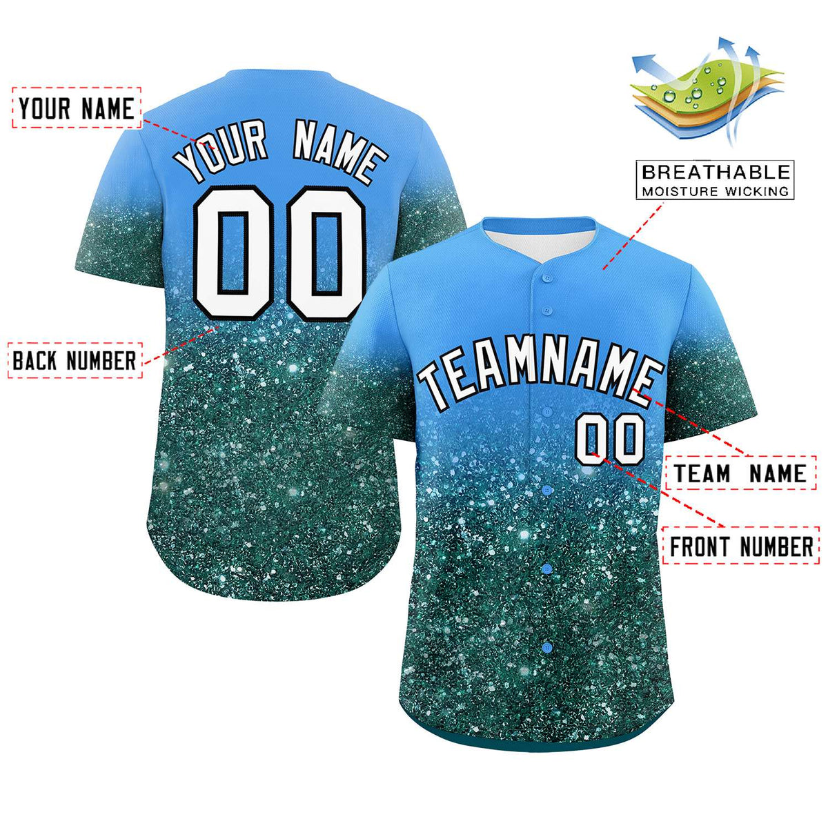 Custom Powder Blue White Sparkle-Effect Pattern Gradient Fashion Authentic Baseball Jersey