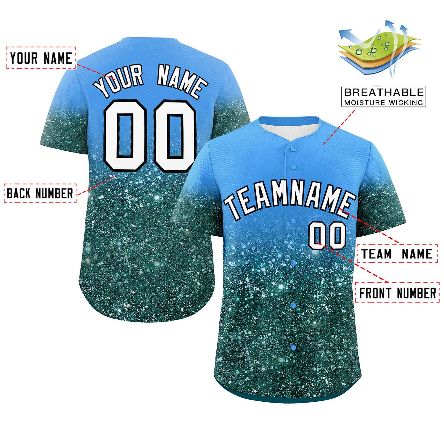 Custom Powder Blue White Sparkle-Effect Pattern Gradient Fashion Authentic Baseball Jersey