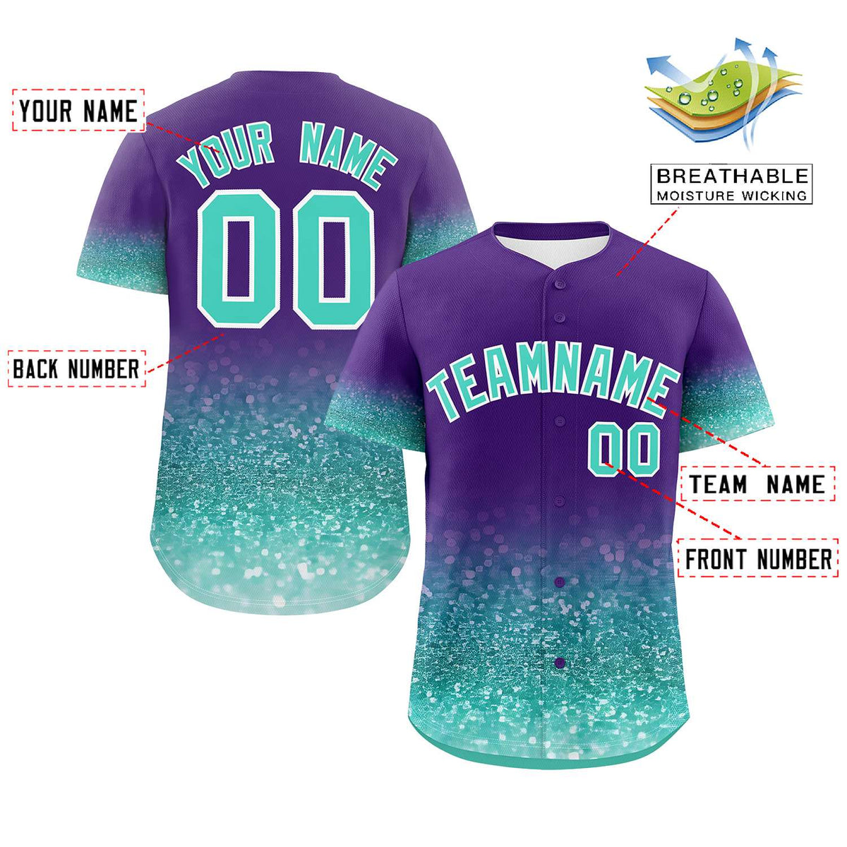 Custom Purple Aqua Sparkle-Effect Pattern Gradient Fashion Authentic Baseball Jersey