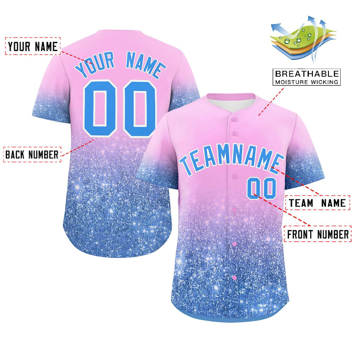 Custom Light Pink Powder Blue Sparkle-Effect Pattern Gradient Fashion Authentic Baseball Jersey