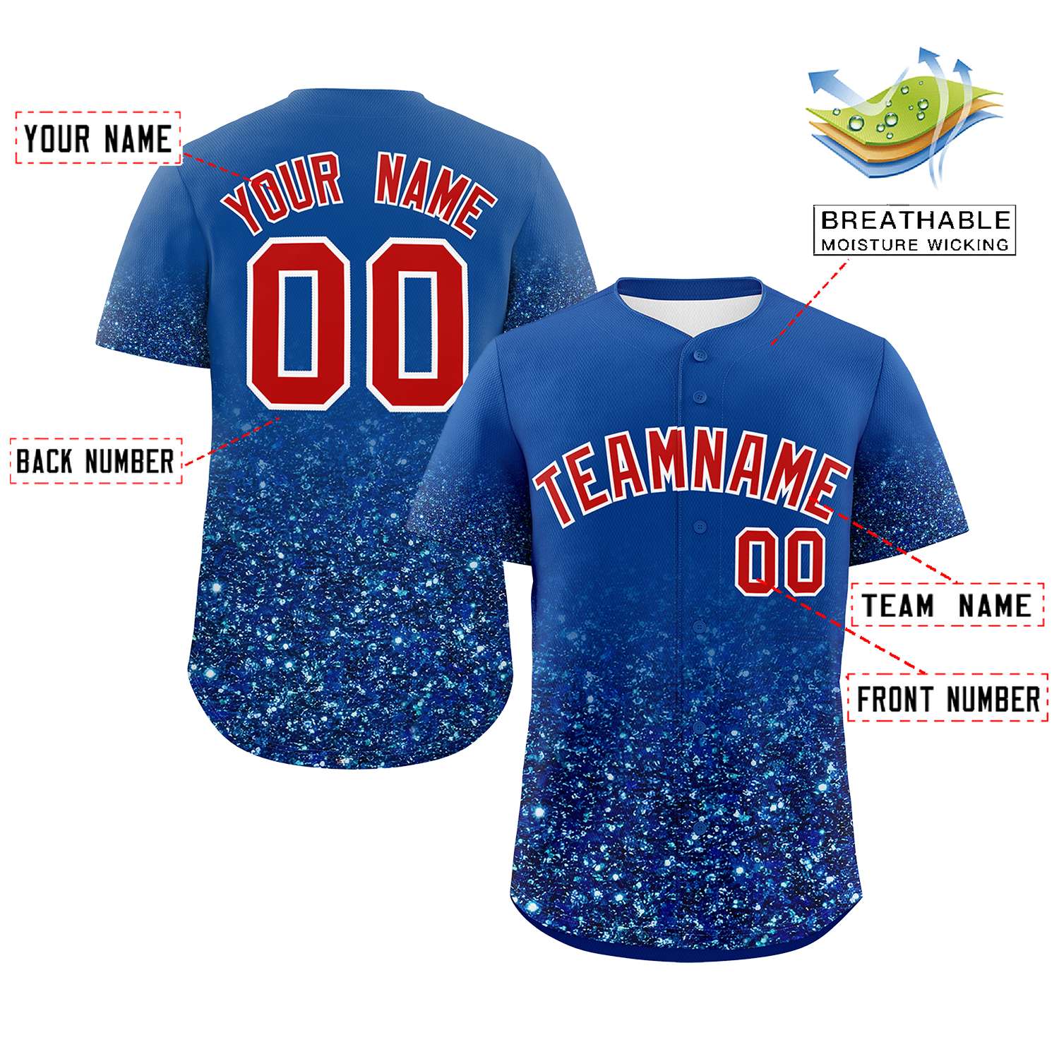 Custom Royal Red Sparkle-Effect Pattern Gradient Fashion Authentic Baseball Jersey