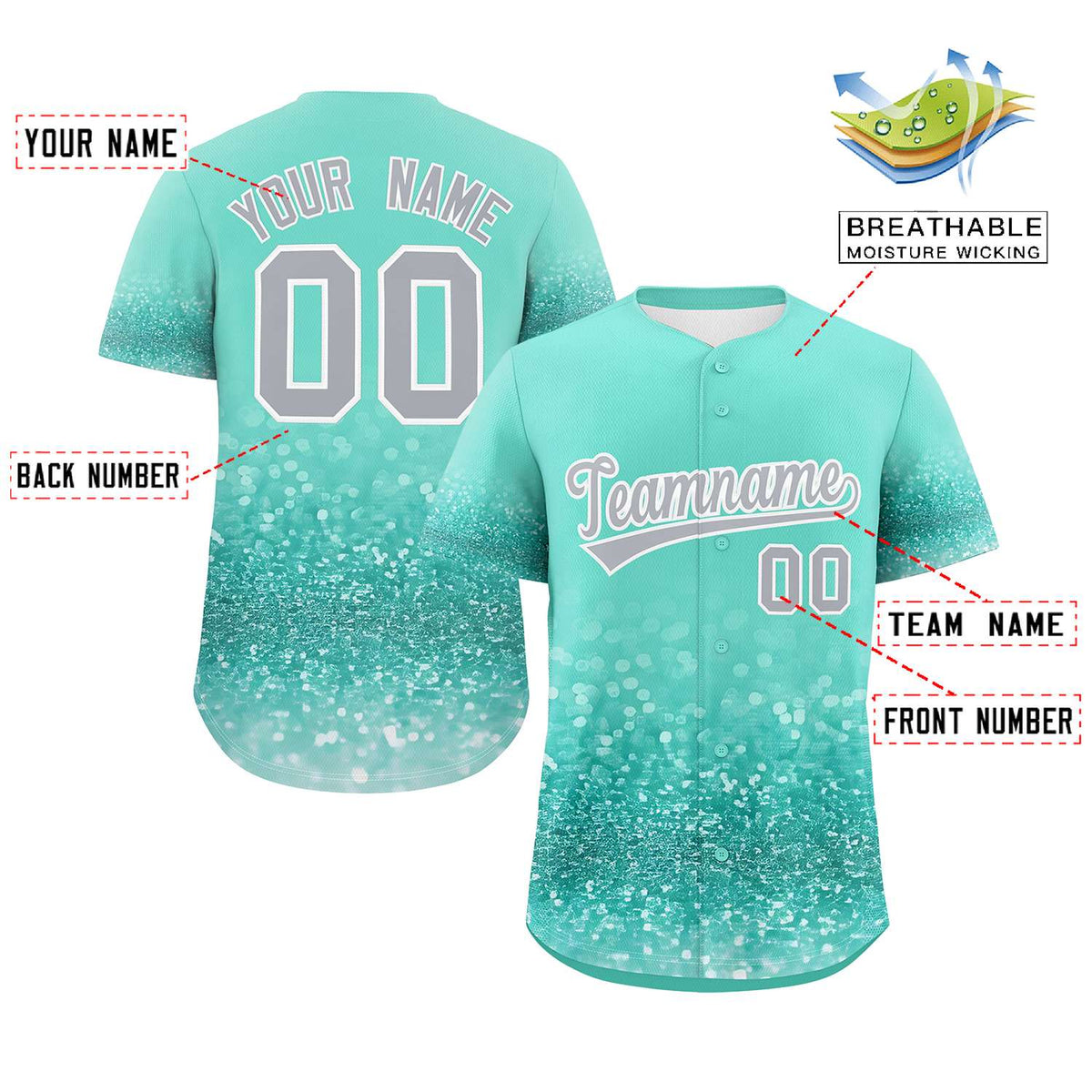 Custom Aqua Gray Sparkle-Effect Pattern Gradient Fashion Authentic Baseball Jersey