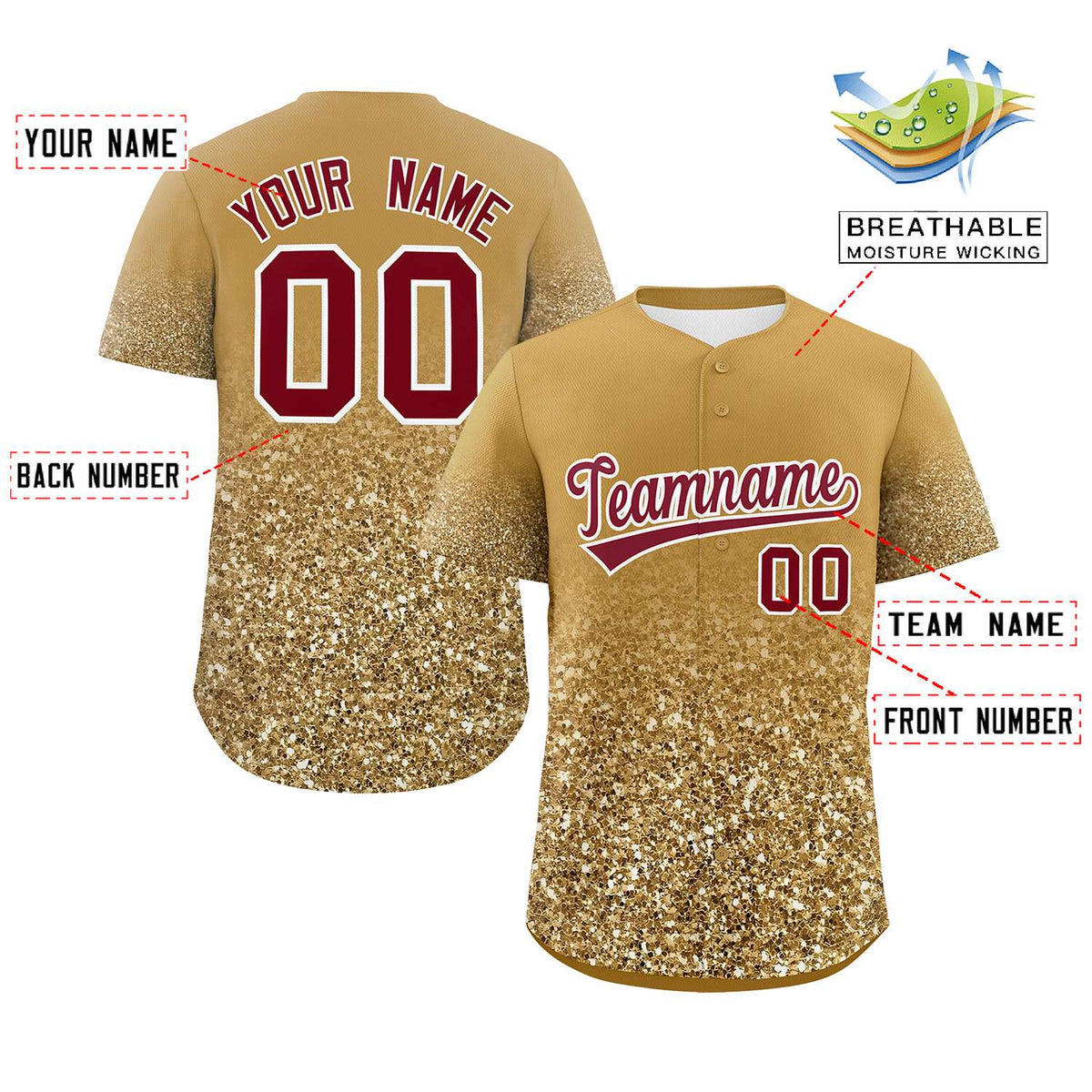 Custom Old Gold Crimson Sparkle-Effect Pattern Gradient Fashion Authentic Baseball Jersey